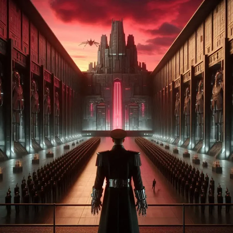 Ciudad Escudo con un desfile militar y Valdren observando desde un balcón.