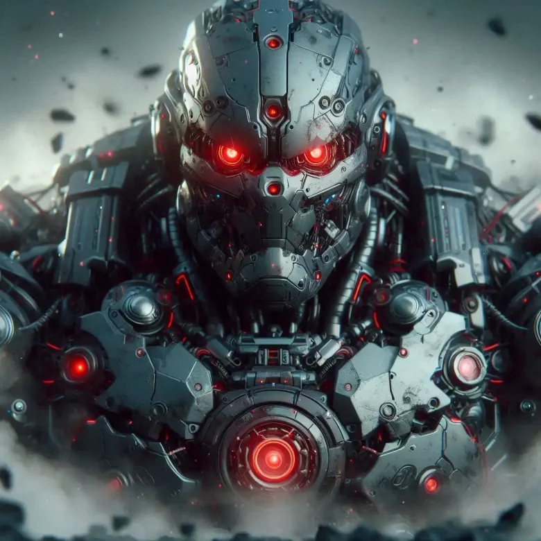 Androide gigante con ojos rojos y armadura avanzada, rodeado de destrucción.