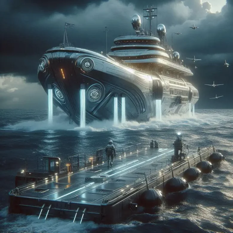 Barco retrofuturista partiendo hacia el mar en un planeta oceánico de entrenamiento.