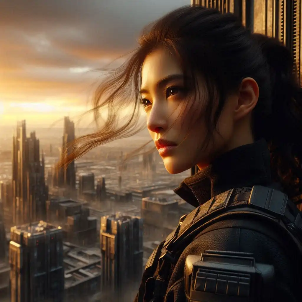 Imagen de Kora Shen mirando desde lo alto de una torre en Ciudad Escudo.