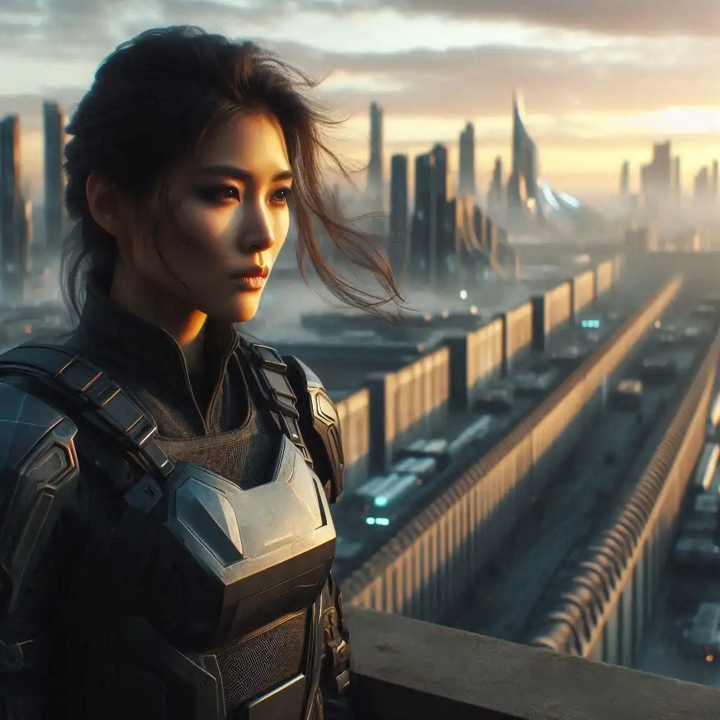 Imagen de Kora Shen mirando desde lo alto de una torre en Ciudad Escudo.