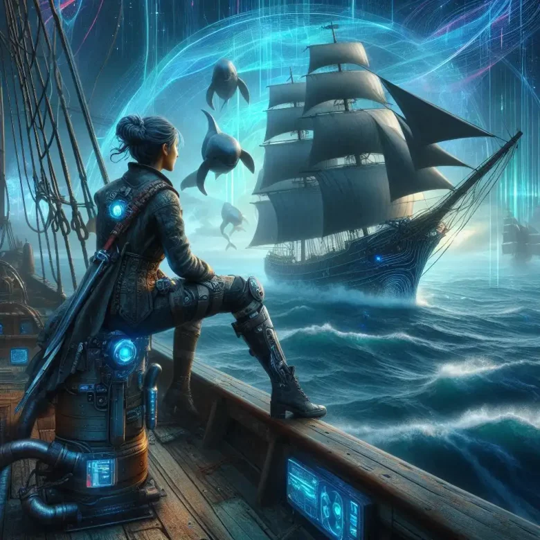 La oficial Prann contemplando señales de ballenas IA en una tormenta digital