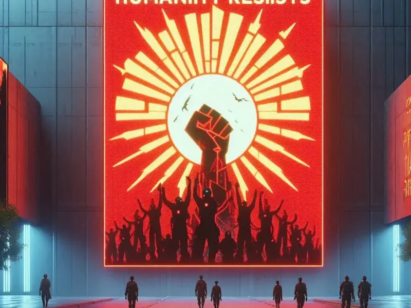Cartel de propaganda futurista con mensaje de resistencia humana contra las máquinas.